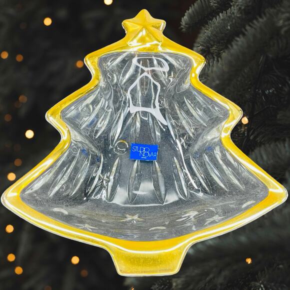 Studio Nova Glass Christmas Tree Dish Gold Trim Star Design - 6” - Original Box - Picture 1 of 9